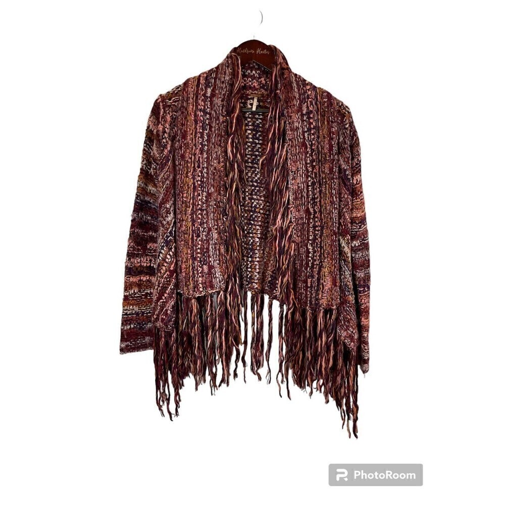 Free People Birkenstock Red Cardigan S Boho Chunky Fringe Wool Alpaca Sweater N3